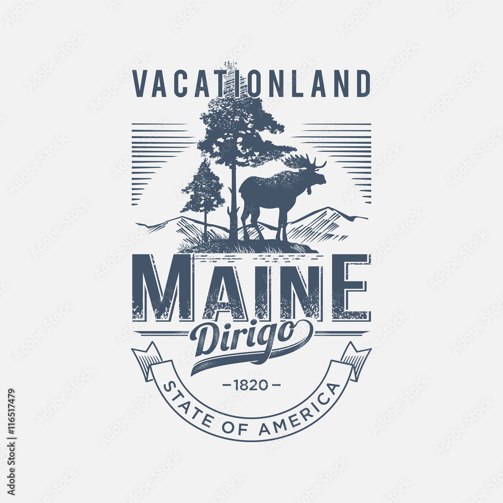 Штат Мэн, стилизованная эмблема штата Америки, Лось, иллюстрация ...