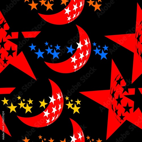 Seamless vector pattern with moon and stars on black background. Wallpaper, textile, pattern fills, web page background, surface textures.