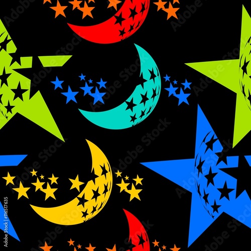 Seamless vector pattern with moon and stars on black background. Wallpaper, textile, pattern fills, web page background, surface textures.