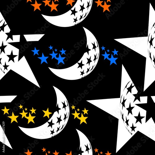 Seamless vector pattern with moon and stars on black background. Wallpaper, textile, pattern fills, web page background, surface textures.