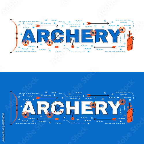 Archery banner, archery lettering flat line design with icons