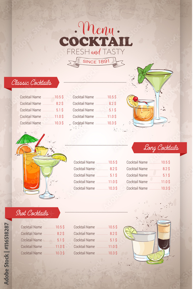 Obraz premium Drawing vertical color cocktail menu design
