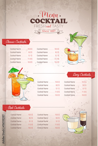 Drawing vertical color cocktail menu design