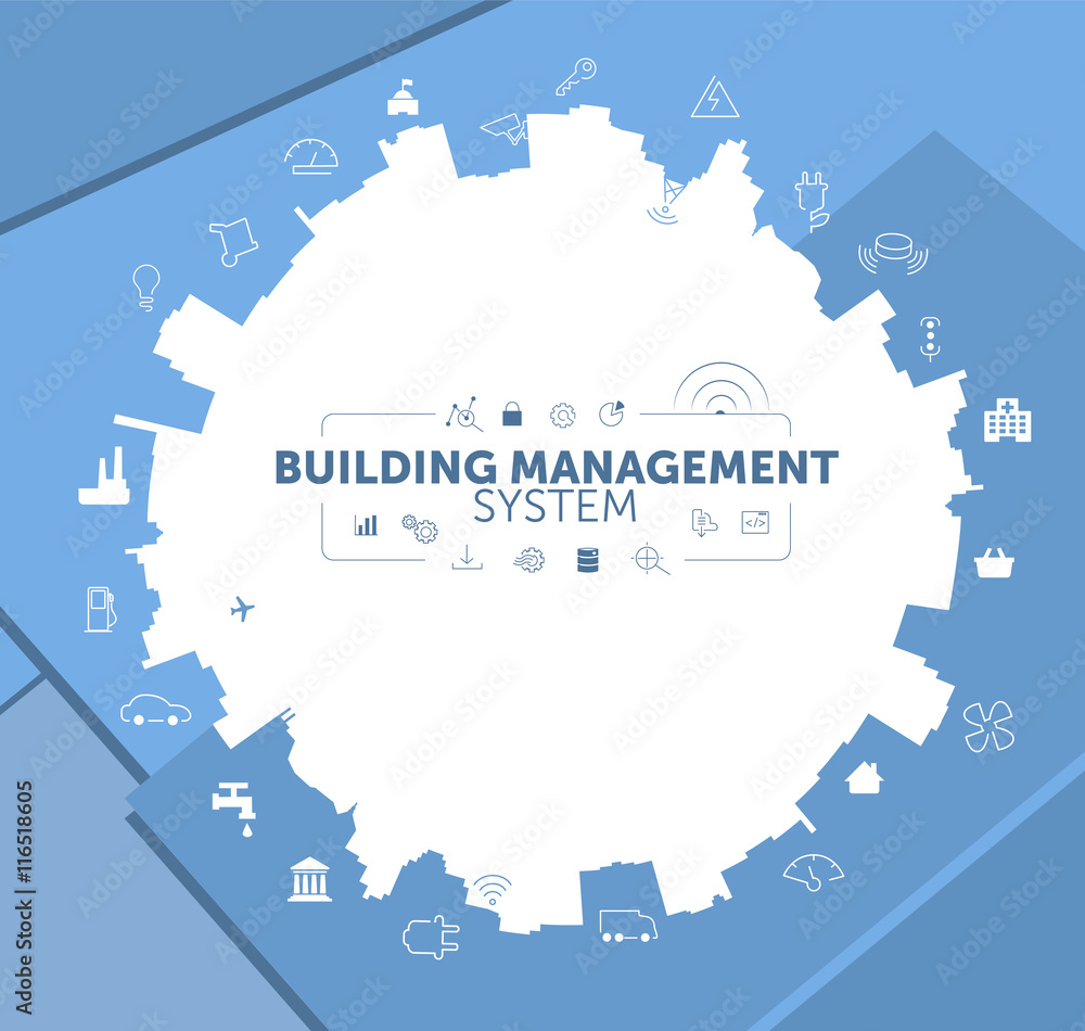 Building Management System Concept on Blue Material Background