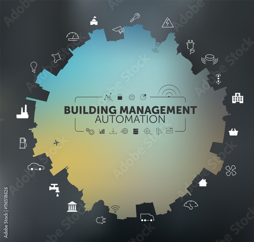Building Management Automation Concept on Grey Blurred Background