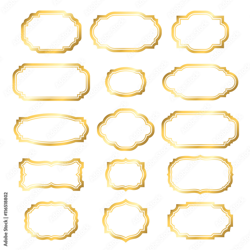 Gold frame. Beautiful simple golden design. Vintage style decorative border, isolated on white background. Deco elegant art object. Empty copy space for decoration, photo, banner. Vector illustration.