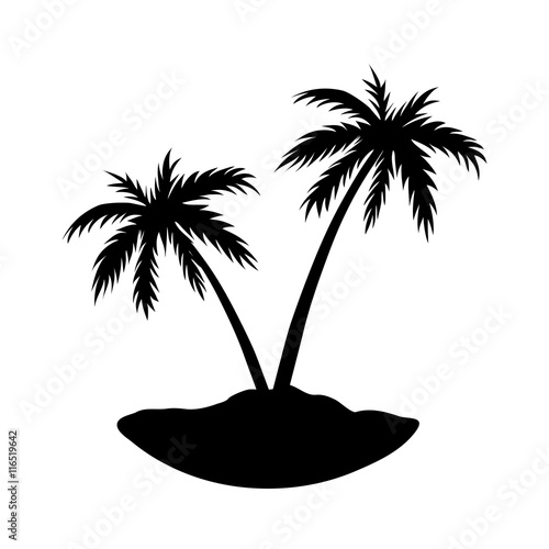 Two palms on island. Black coconut tree silhouette, isolated on white background. Symbol of tropical nature, beach, summer holiday, travel. Floral exotic landscape. Natural design. Vector illustration