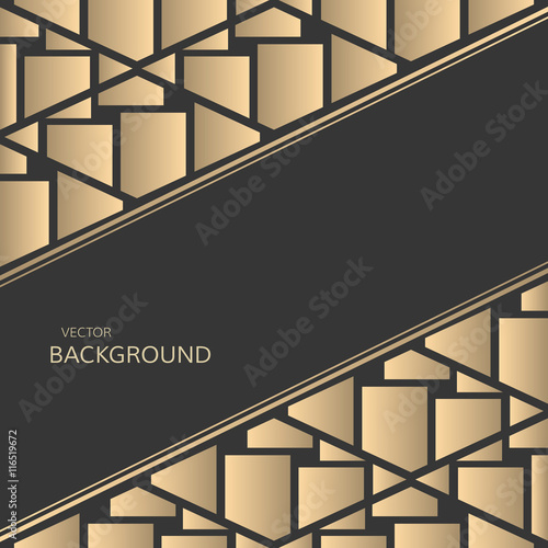 Vector geometrical background. Geometric golden design. Abstract background. Black background with golden shattered tiles in luxury design.