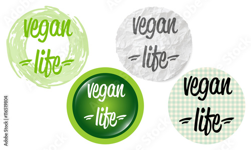 Set of four circular icons with the words vegan life