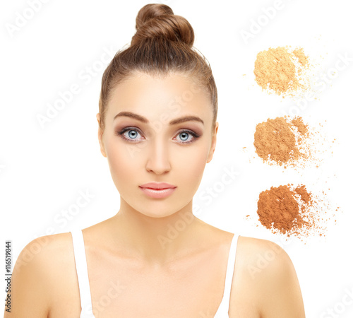 Beauty portrait of a young girl.Close up of a make up powder on white background