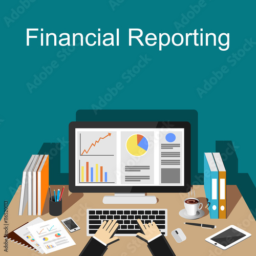 Financial reporting illustration. Flat design illustration concepts for business, finance, management, career, business strategy, business statistics, brainstorming, monitoring. 
