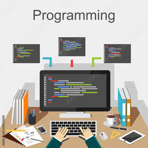 Programming illustration. Programmer working place illustration concept. Flat design illustration concepts for development, developer, working place, analysis, working, brainstorming, coding.
