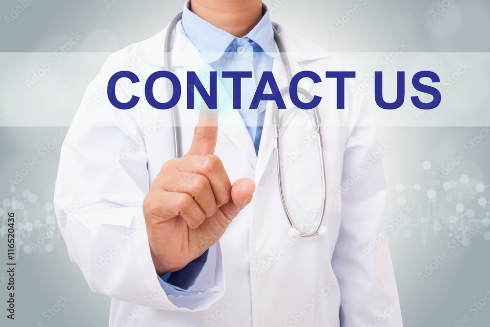 Doctor hand touching CONTACT US sign on virtual screen. medical concept Doctor hand touching CONTACT US sign on virtual screen. medical concept