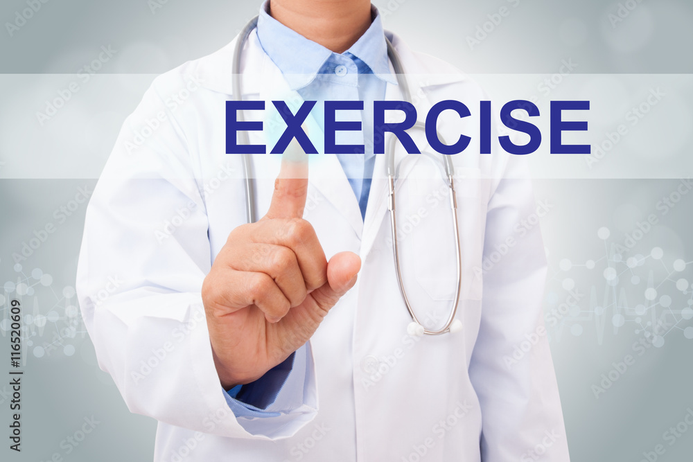 Doctor hand touching EXERCISE sign on virtual screen. medical concept Doctor hand touching EXERCISE sign on virtual screen. medical concept