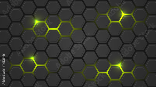 Dark vector illustration with a hexagonal pattern and green backlight.