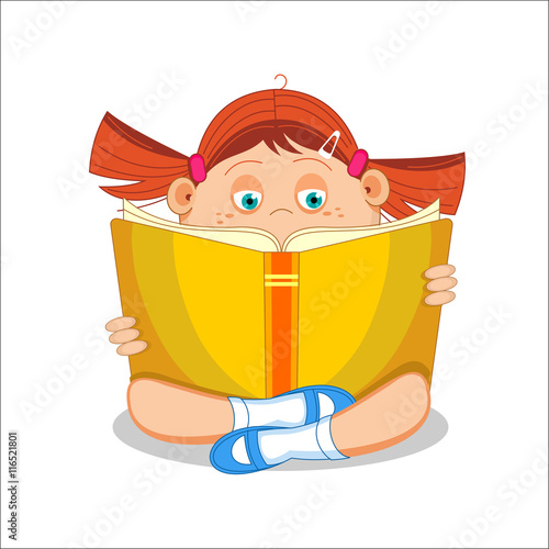 Girl, schoolgirl, reading open book sitting on floor, vector illustration