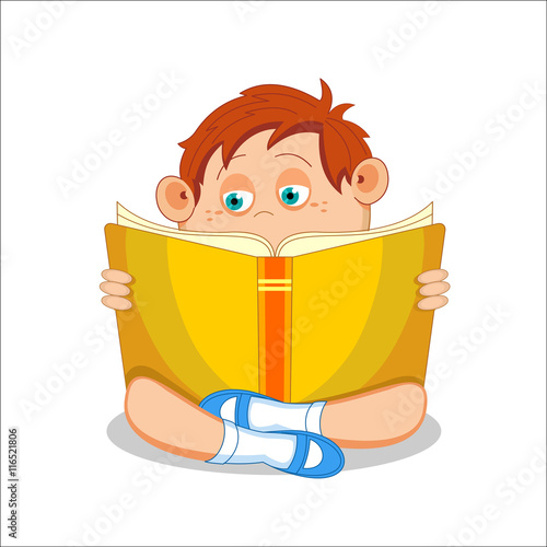 Kid, boy, reading open book, vector illustration