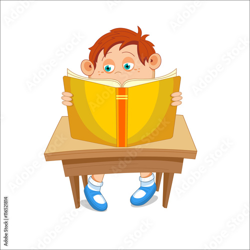 Kid, reading open book, sitting at the table, vector illustratio