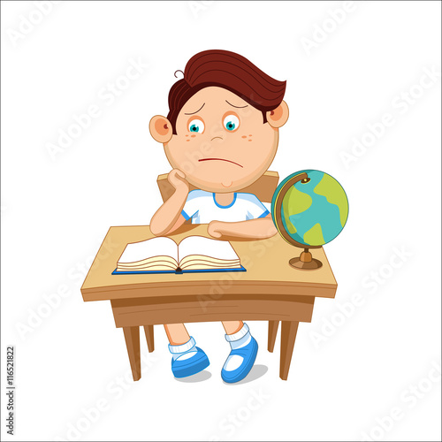Schoolboy sits at a table, reading a book, vector illustration.