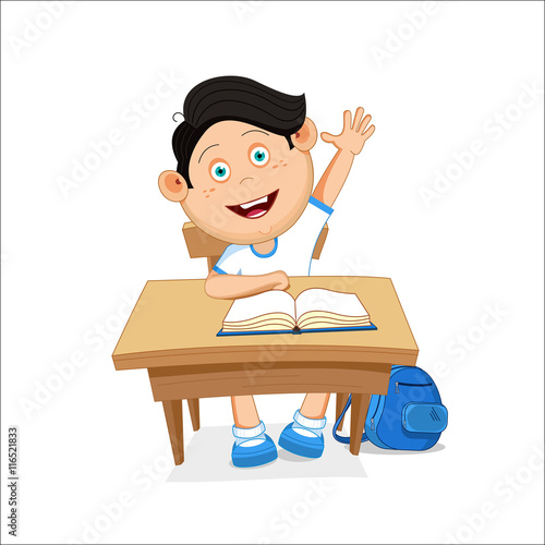 Vector illustration, school boy sitting on table, hand picked.