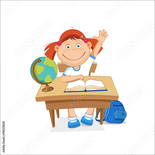 Vector illustration, school girl sitting on table, hand picked.