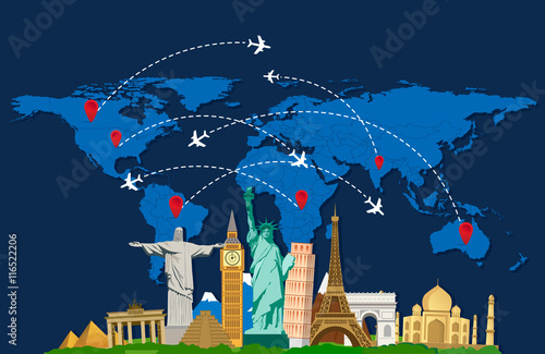 World travel map with airplanes and landmarks. Vector illustration. Modern flat design.