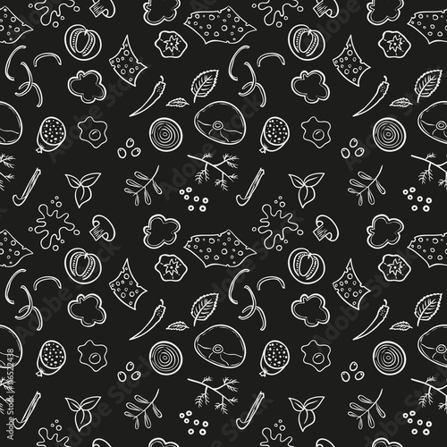 Seamless pizza ingredients pattern. Vector endless design.
