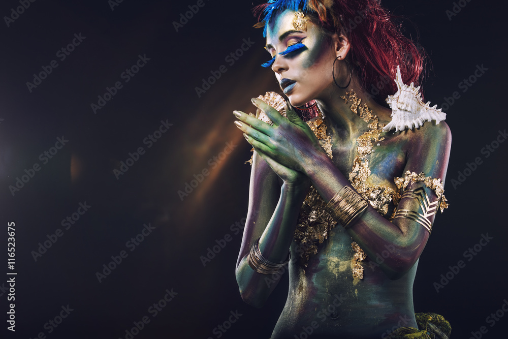 Fototapeta Beautiful young girl with body art in an fantasy style