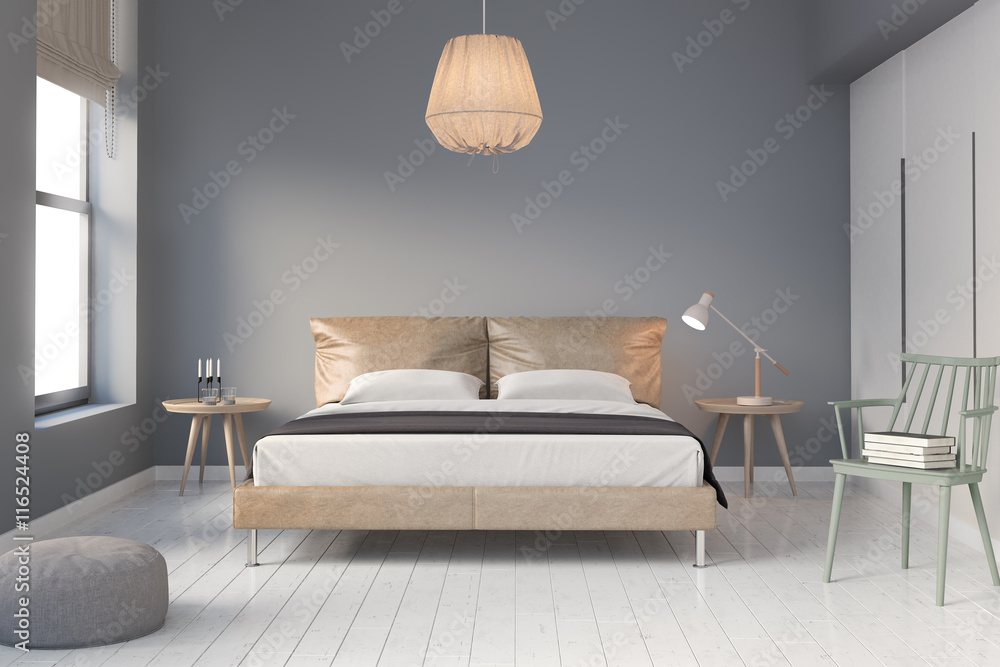 Plakat Współczesna skórzana sypialnia z białą drewnianą podłogą