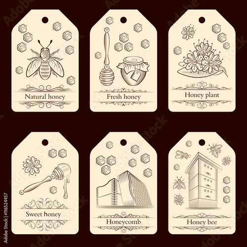 Set of labels with pots of honey, bees and flowers.