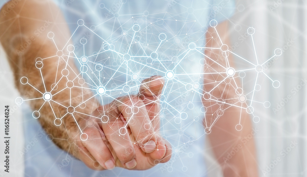Businessman touching data network with his finger Businessman touching data network with his finger