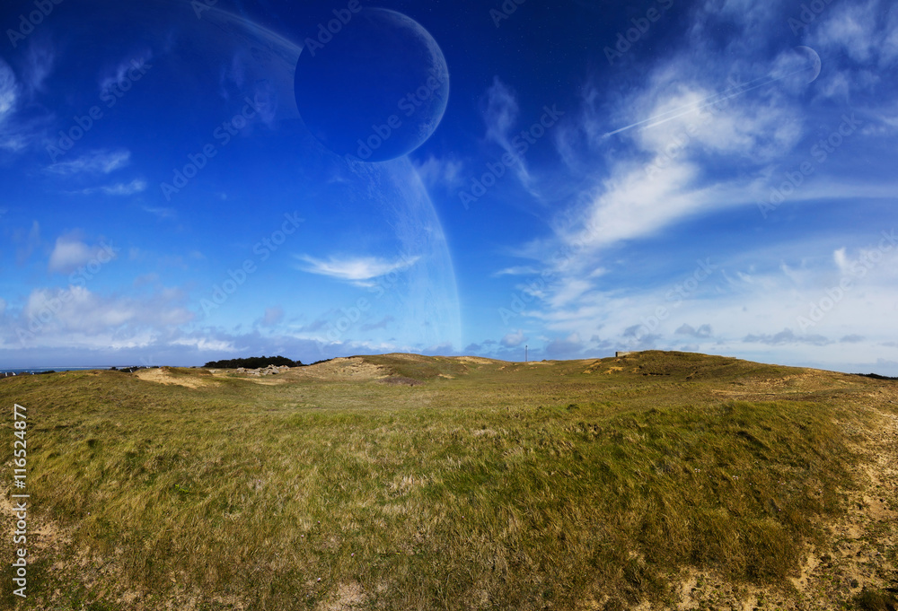 Obraz premium View of distant planet system from landscape