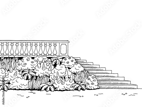 Garden stairs graphic art park black white landscape sketch illustration vector