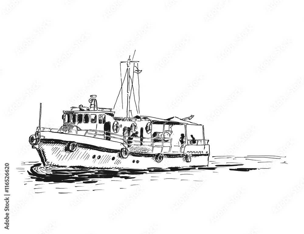 Ink sketch of passenger boat. Vector illustration