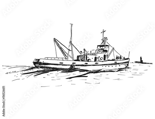Ink sketch of tugboat. Vector illustration