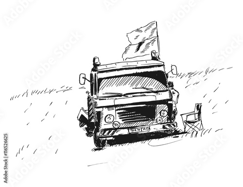 Tow truck vector Sketch. Drawing of racing mechanist car