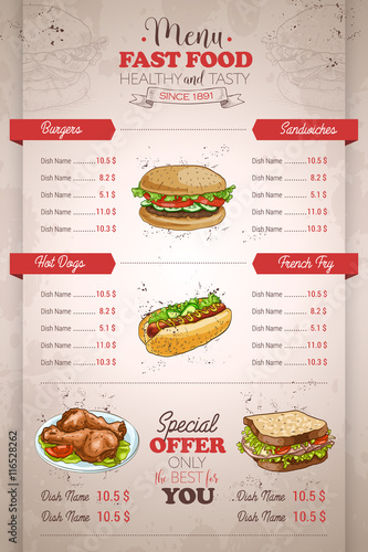 Drawing vertical color fast food menu design