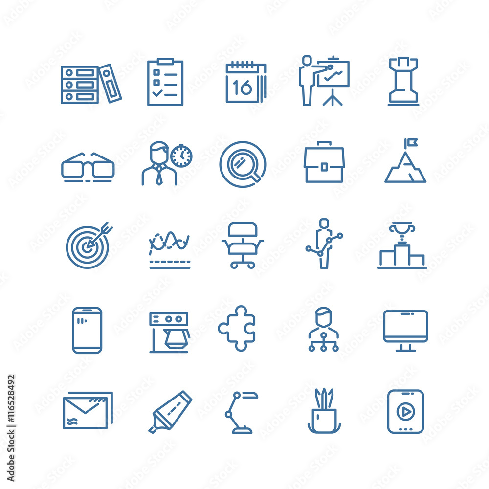 Productivity and time management linear signs, work schedule and business planning vector thin line icons