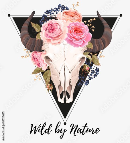 Buffalo skull decorated with flowers