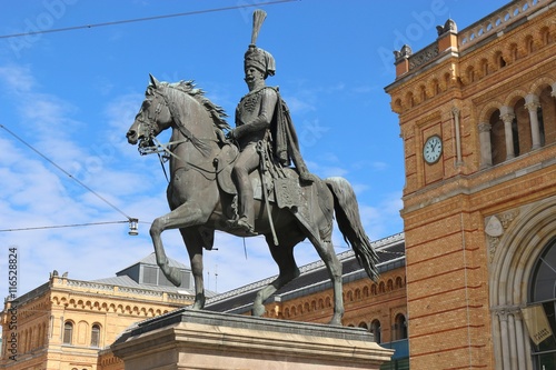 Horseman statue of the former king of Hanover Ernst August II. in front of the main station. In the City Hanover, North Germany, Europe.