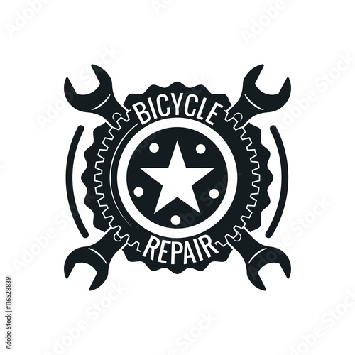 Vintage bike repair logo badges and labels. Cycle wheel isolated vector. Old style bicycle shop and repair logotypes