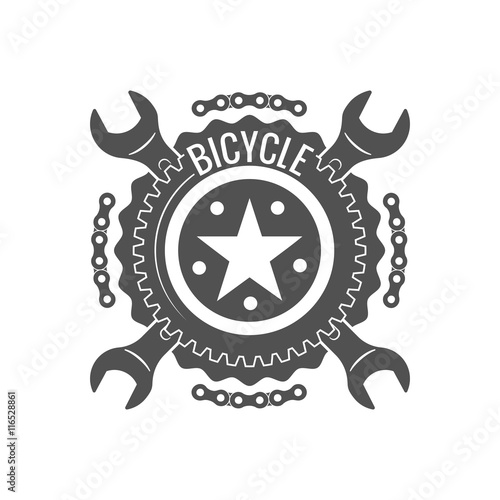 Vintage bike repair logo badges and labels. Cycle wheel isolated vector. Old style bicycle shop and repair logotypes