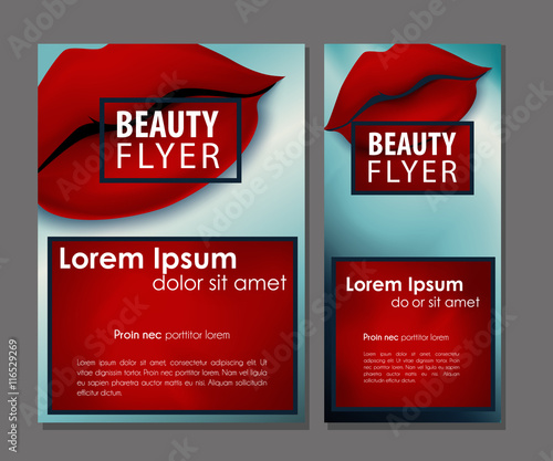Female offer with sexy red vector lips. Beauty defiant business card set. 