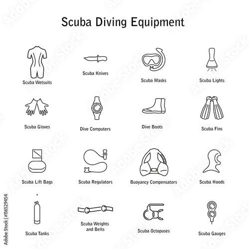 set of icons scuba diving equipment