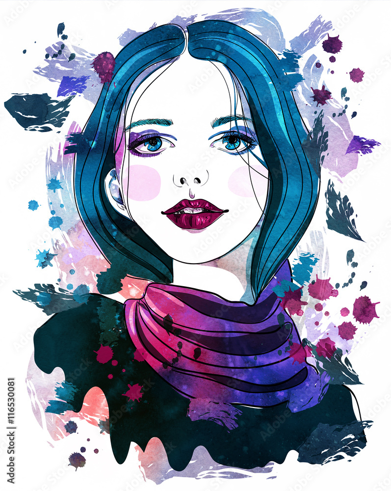 Obraz premium Portrait of beautiful girl with blue hair on abstract watercolor background. Fashion illustration. Print for T-shirt