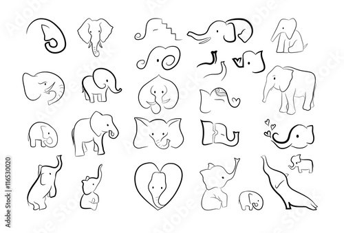 Collection of 26 elephants drawn by a line 