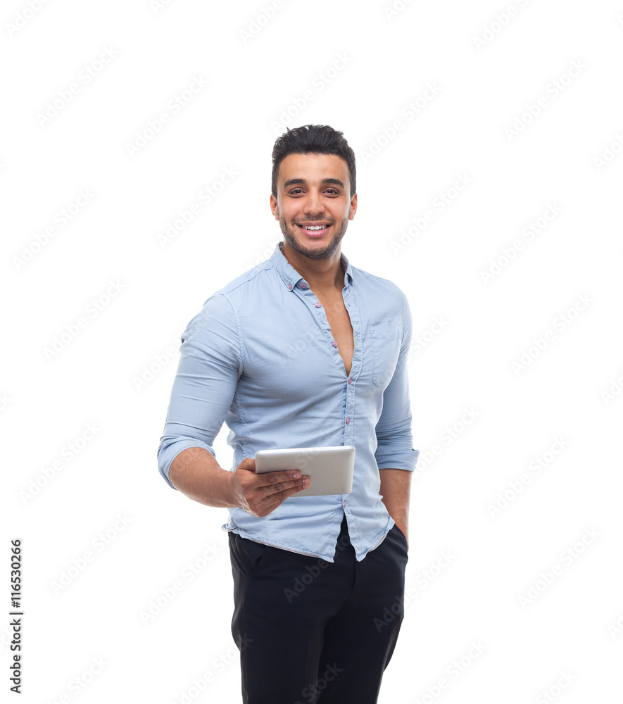 Handsome business man happy smile, businessman hold tablet pad computer Handsome business man happy smile, businessman hold tablet pad computer