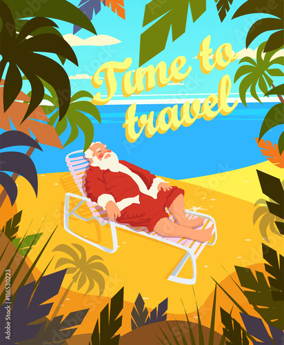 Tropical beach, sun, summer, santa claus, holiday, time to travel. Vector illustration