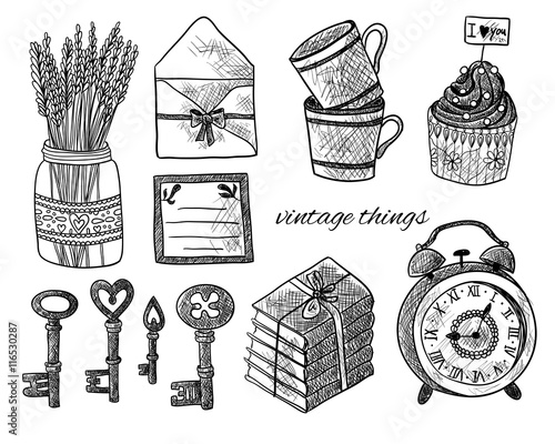 Set of vintage things on white background. Vintage keys, lavender, envelope, letter, cupcakes, cups, books, alarm clock. Black and white illustration