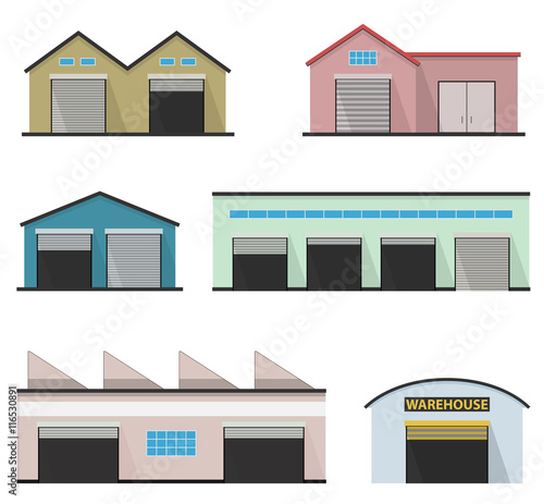 Set of four warehouses. Warehouse icon. Storehouse building isolated in flat style.